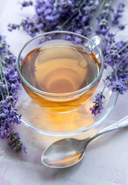 Tazza con tè alla lavanda e fiori di lavanda freschi su sfondo di piastrelle rosa