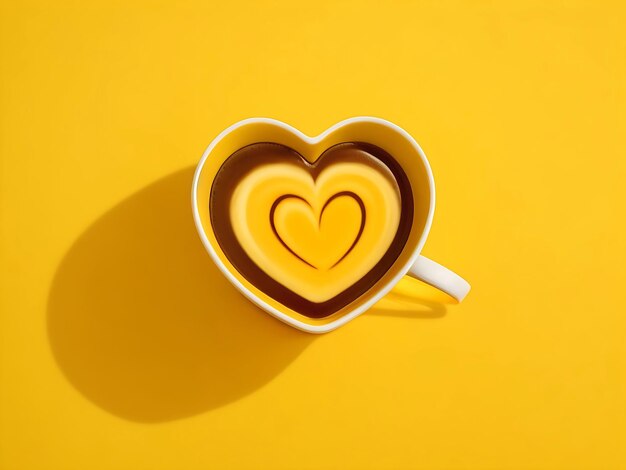 Tazza da caffè a forma di cuore giallo con sopra un cuore