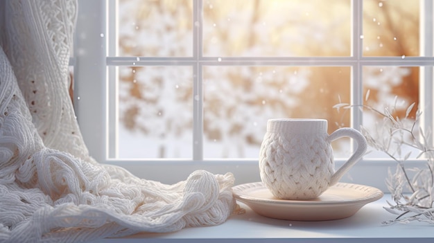 Tazza da caffè calda con plaid davanti alla finestra di vetro in una casa calda e accogliente con una bellissima scena paesaggistica di neve che cade all'esterno creata con la tecnologia Generative Al