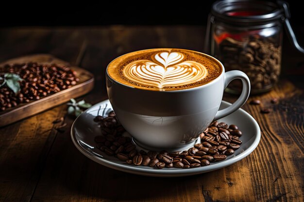 Tazza da caffè con latte art generativo a forma di cuore IA