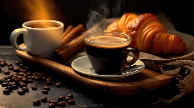Tazza da caffè e croissant su sfondo nero Concetto di pausa caffè