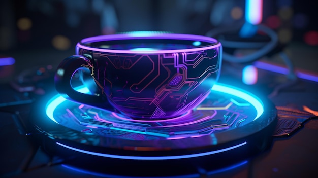 Tazza da caffè e piattino altamente dettagliati con liquido viola brillante su sfondo astratto colorato reso in Octane e Cinema 4D