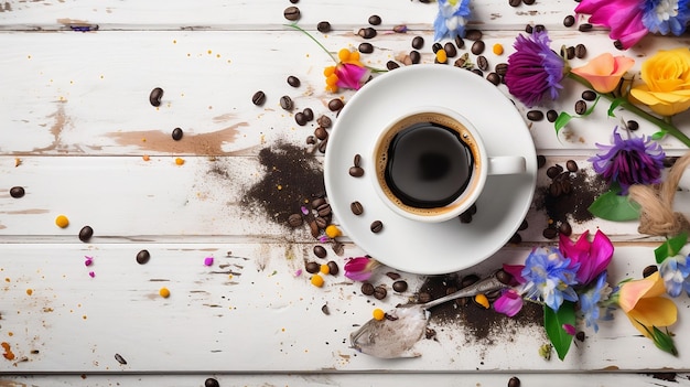 Tazza da caffè espresso con fagioli con fiori colorati su un tavolo in legno bianco rustico e spazio copia