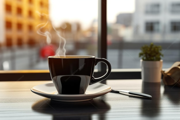 Tazza da caffè mattutina vicino alla finestra generata dall'AI