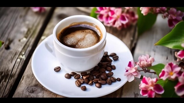 Tazza da caffè su un tavolo rustico in legno bianco con fiori di primavera Cappuccino con schiuma lattiginosa bianca Vista dall'alto