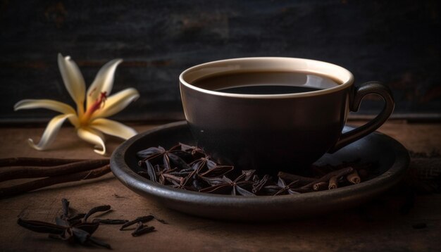 Tazza da caffè sul tavolo di legno piena di cappuccino nero aromatico generato dall'intelligenza artificiale