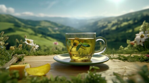 Tazza da tè con foglia di tè verde sul tavolo in legno e fiori di montagna sullo sfondo