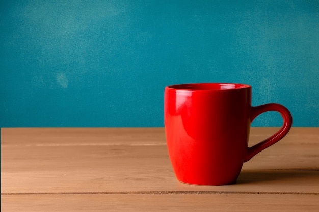 Tazza da tè rossa sul tavolo di legno