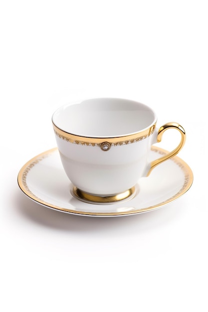 Tazza da tè vuota di lusso sul piattino isolato su sfondo bianco