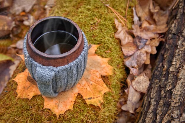 Tazza di argilla con rivestimento in maglia di lana Vapore dalla tazza sullo sfondo della vista dall'alto della foresta autunnale