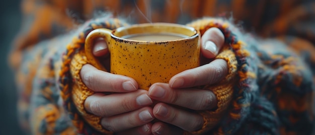 Tazza di bevande calde tenuta da mani femminili