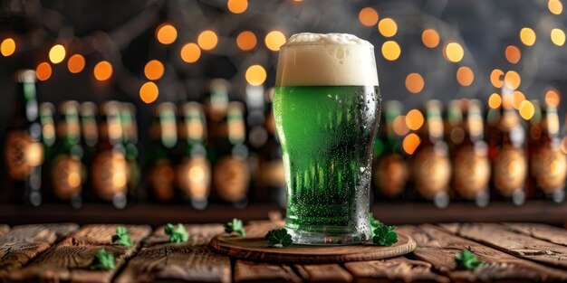 Tazza di birra verde di San Patrizio sul bancone di legno del bar