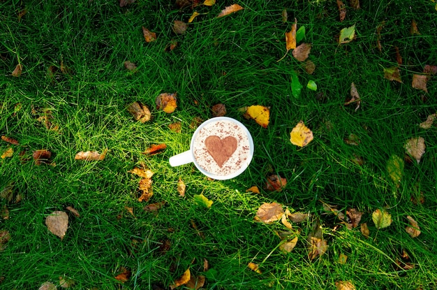 Tazza di caffè a forma di cuore su erba verde con foglie di autunno