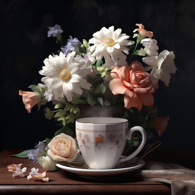 Tazza di caffè adornata con bellissimi fiori IA generativa