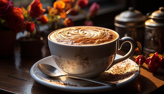 Tazza di caffè aromatica sul tavolo di legno, eleganza schiumosa nella natura morta generata dall'intelligenza artificiale