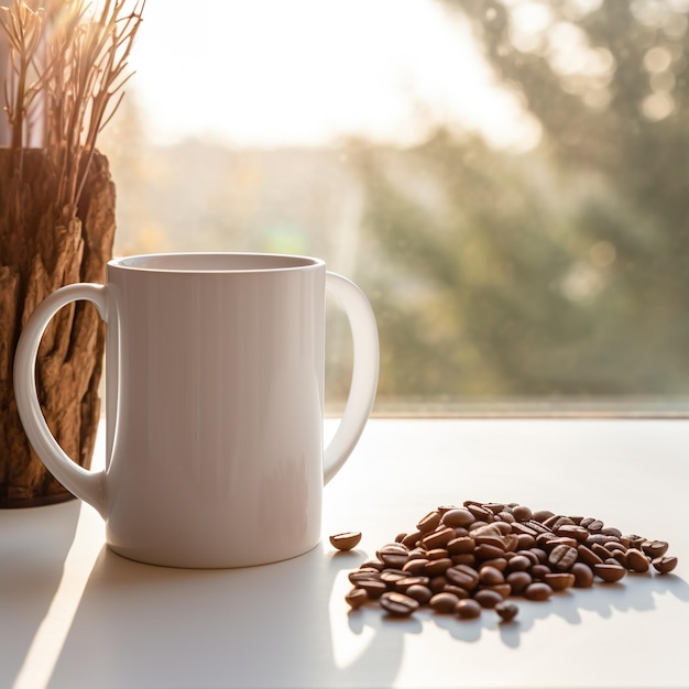 tazza di caffè bianca e chicchi di caffè sul tavolo di legno ai generativa