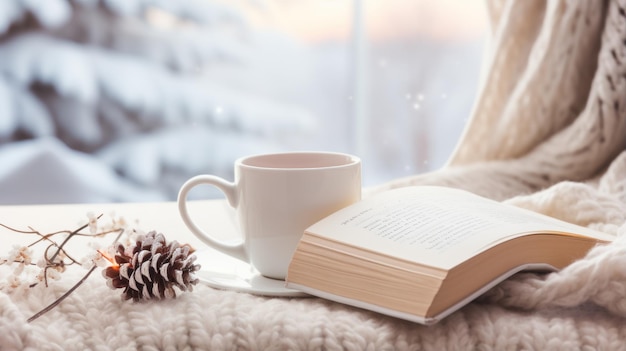 Tazza di caffè bianca e libro sull'atmosfera autunnale