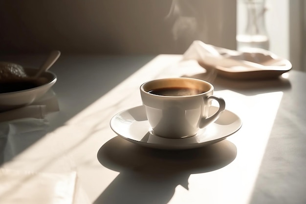 Tazza di caffè bianca in interni moderni e luminosi