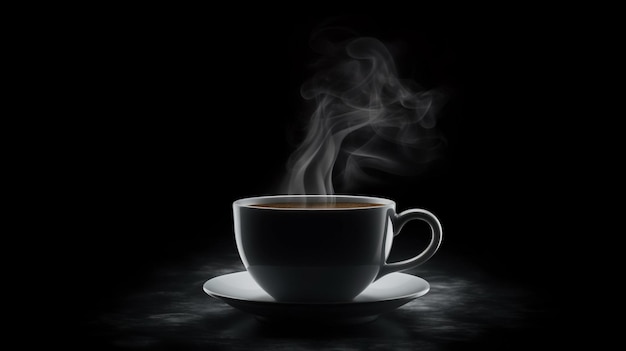 Tazza di caffè bianca su sfondo nero con fumo ai