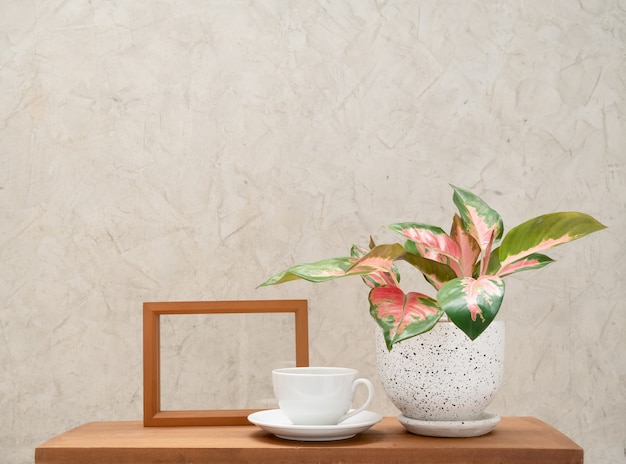 Tazza di caffè bianco, struttura in legno e pianta d'appartamento Aglaonema (sempreverde cinese) nella decorazione moderna del vaso di fiori sul tavolo in legno con sfondo di muro di cemento