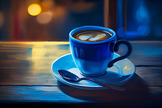 Tazza di caffè blu sulla tavola di legno in caffè con sfondo di illuminazione AI generativa