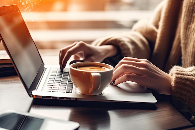 Tazza di caffè calda del primo piano in ufficio con il computer portatile IA generativa