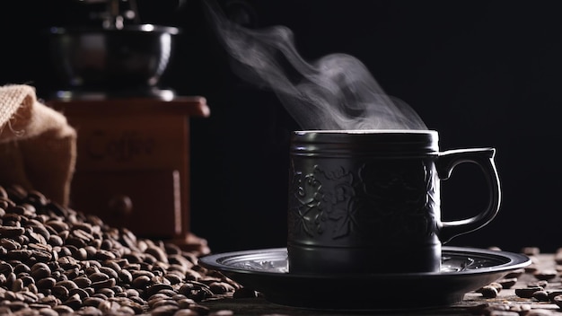 Tazza di caffè calda e chicchi di caffè. Primo piano bellissimo fumo fumante naturale dalla tazza di caffè