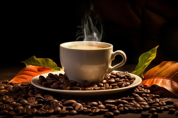 tazza di caffè calda su sfondo marrone