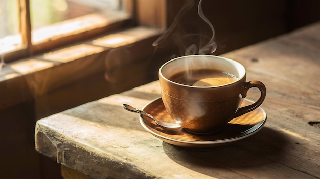 Tazza di caffè calda sul tavolo di legno