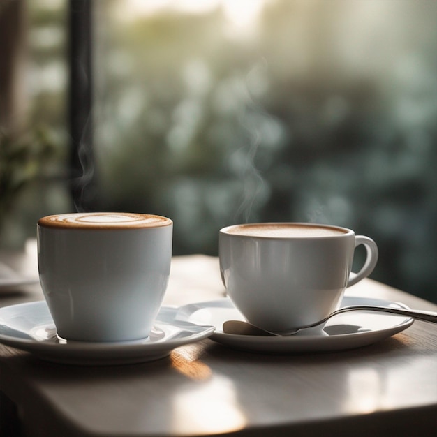 Tazza di caffè calda sul tavolo Rilassatevi con lo sfondo del mattino