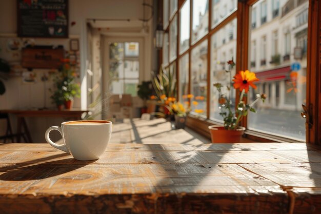 tazza di caffè caldo al mattino nel caffè tavolo pubblicità professionale fotografia alimentare