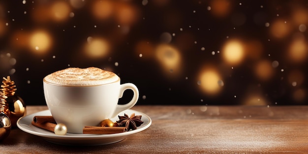 Tazza di caffè caldo con cannella e spezie su un tavolo di legno al ricevimento di Natale Spazio per la copia del banner