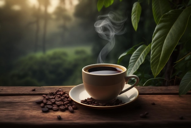 Tazza di caffè caldo con fumo e chicchi di caffè sul tavolo con sfondo sfocato di giardino del caffè ai generativo