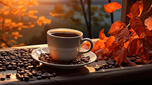 Tazza di caffè caldo con fumo e chicchi tostati