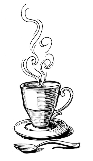 Tazza di caffè caldo. Disegno a inchiostro in bianco e nero