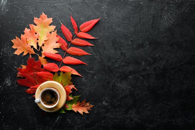Tazza di caffè caldo e foglie autunnali colorate distese sullo sfondo vecchio Vista dall'alto Spazio libero per il testo