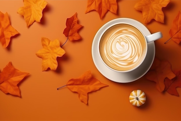 Tazza di caffè caldo fresco con foglie autunnali vista dall'alto piatto lay AI generato