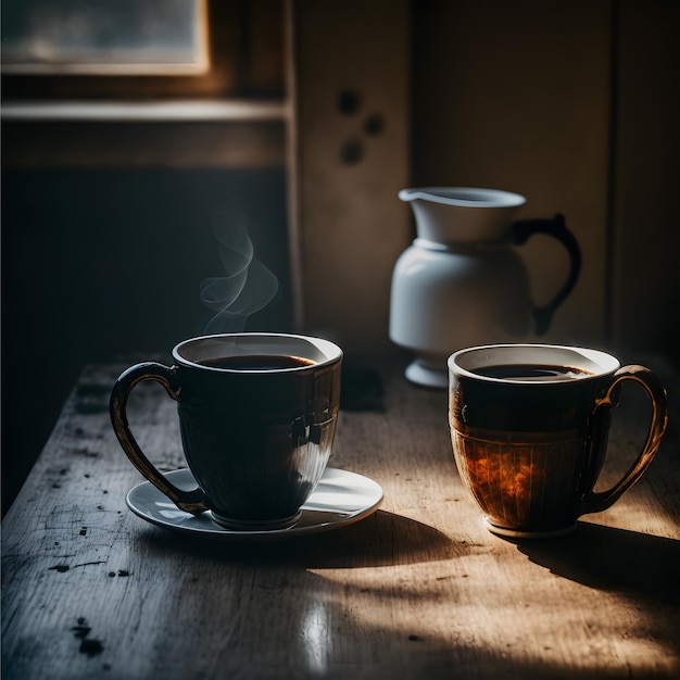 Tazza di caffè caldo impostata sulla fotografia del tavolo in legno