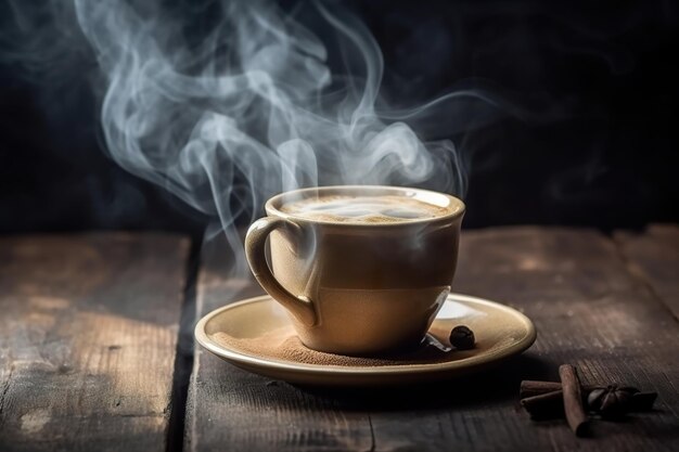 Tazza di caffè caldo su fondo di legno rustico ai generativo