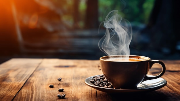 Tazza di caffè caldo sulla tavola di legno