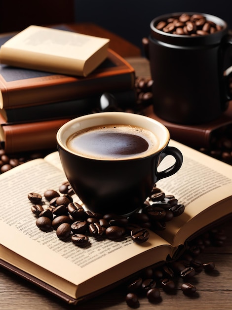 Tazza di caffè con chicchi di caffè e libro