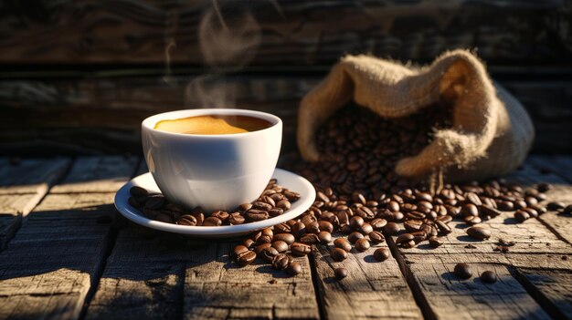 tazza di caffè con chicchi di caffè e tavolo di legno usurato