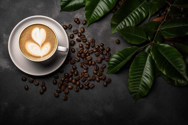 Tazza di caffè con chicchi di caffè in sacchetto di tela e polvere di caffè in un cucchiaio di legno con caffè sfocato