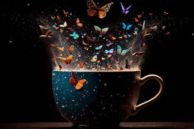 Tazza di caffè con farfalle colorate IA generativa