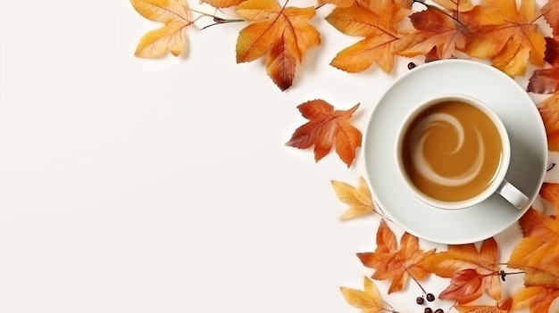 tazza di caffè con foglie d'autunno e chicchi di caffè su sfondo bianco autunno natura morta con foglie d'autunno piatto posa vista superiore spazio di copia