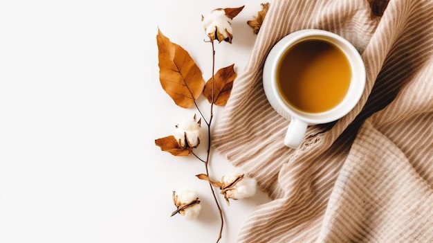 Tazza di caffè con foglie secche e spazio per la copia di fiori Composizione autunnale AI Generato