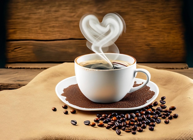 Tazza di caffè con fumo a forma di cuore e chicchi di caffè su sfondo di legno