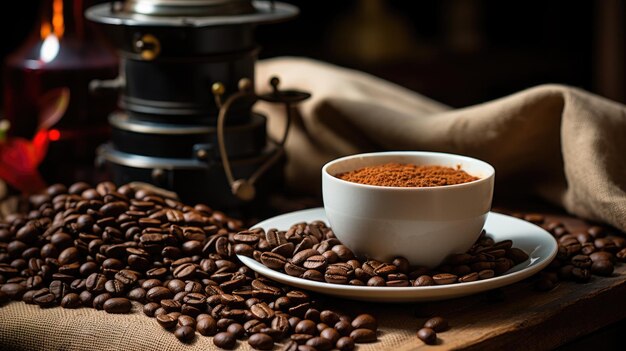 Tazza di caffè con fumo e chicchi di caffè sul sacco di iuta