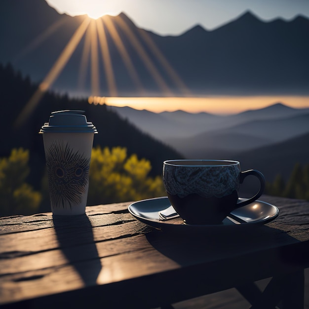 Tazza di caffè con la montagna con il sole sullo sfondo