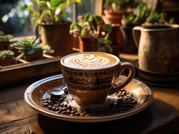 Tazza di caffè con latte art sul tavolo di legno nella caffetteria